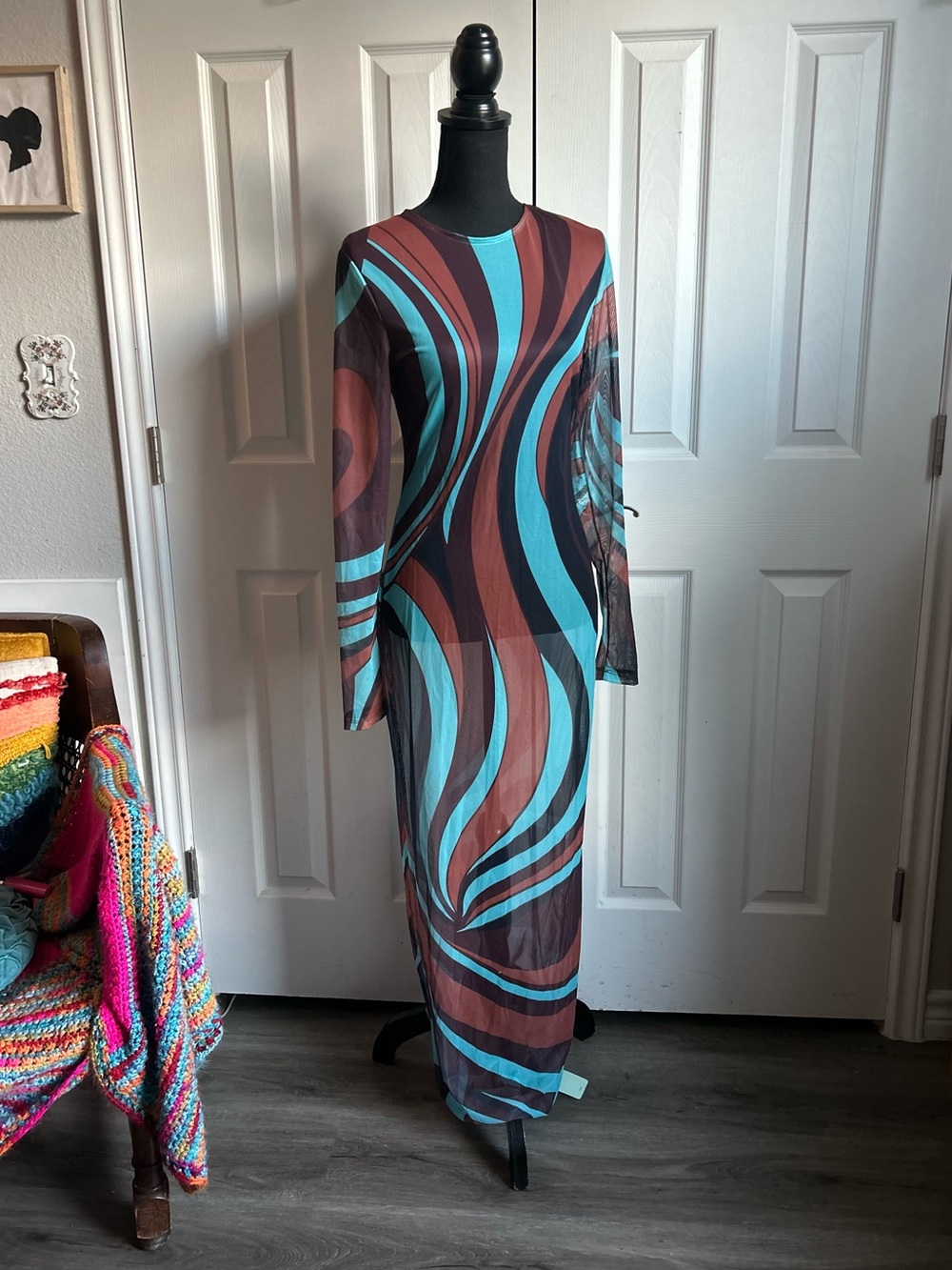 KIZN Turquoise & Brown Sheer Long Sleeve Maxi Dress